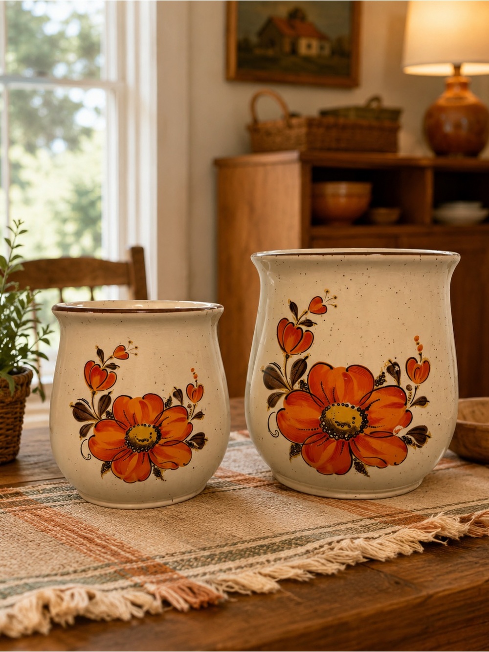 Hand-Painted Ceramic Canister Set – Retro Orange Floral Kitchen Crocks (Set of 2